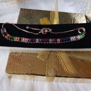 Multi-Color Gemstone Rose Gold Adjustable Tennis Bracelet